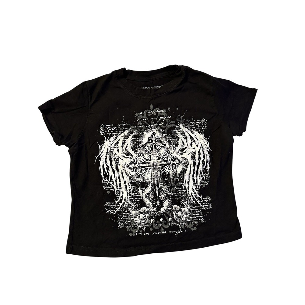 Hot Topic Gothic Cross Wing Skull Rhinestone Tee‎ Small Black Emo Alt Rock Y2K
